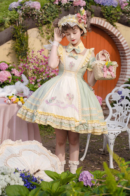 Sweet Lolita Dress - Tulip Print Ruffle Bowknot, Green, Printed, Bow Detail, Ruffled - additional product view 7