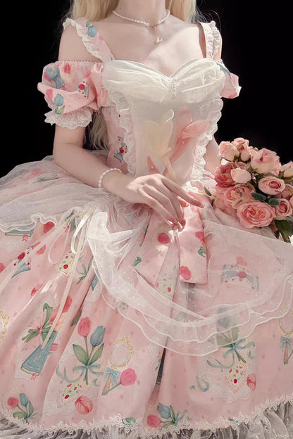 Sweet Lolita Dress - Tulip's Letter, Pink, Ruffled, Printed, Bow Detail - additional product view 2