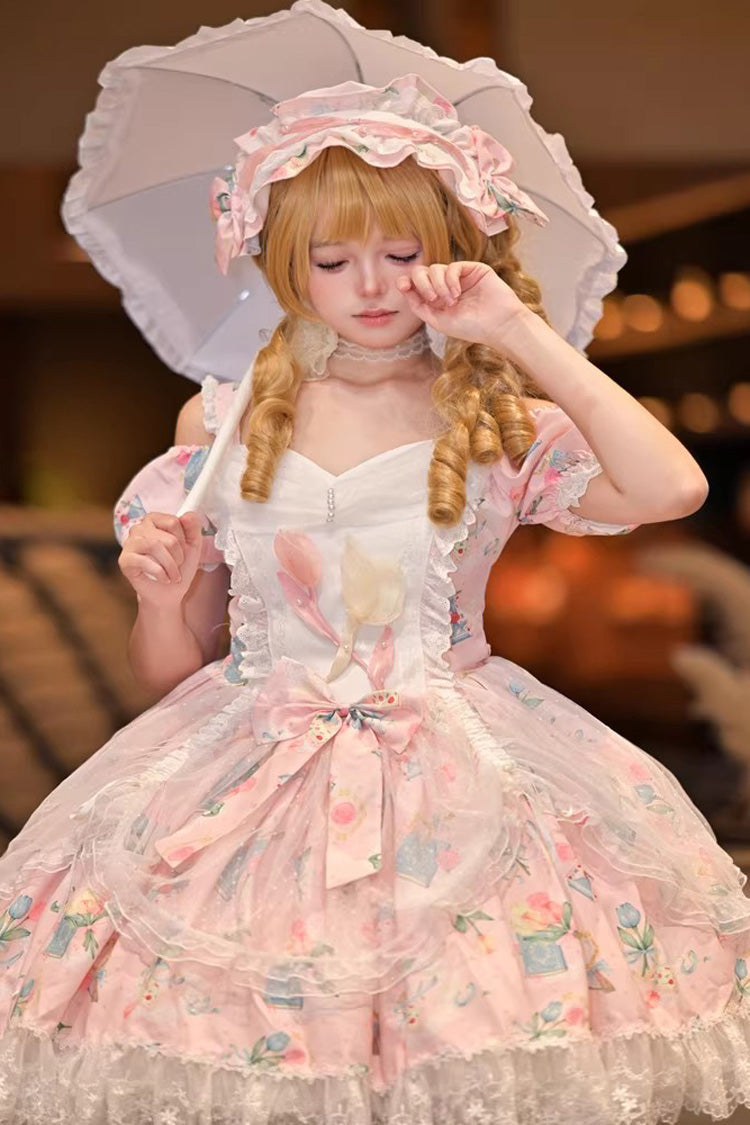 Sweet Lolita Dress - Tulip's Letter, Pink, Ruffled, Printed, Bow Detail - additional product view 3