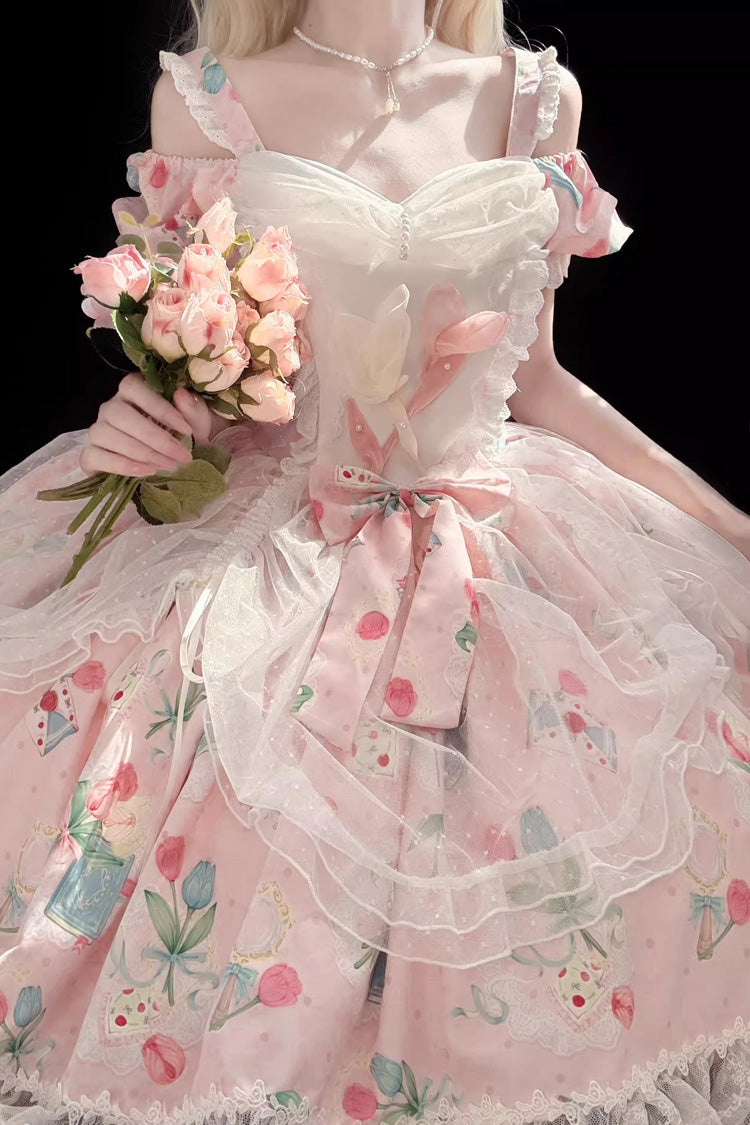 Sweet Lolita Dress - Tulip's Letter, Pink, Ruffled, Printed, Bow Detail - additional product view 4