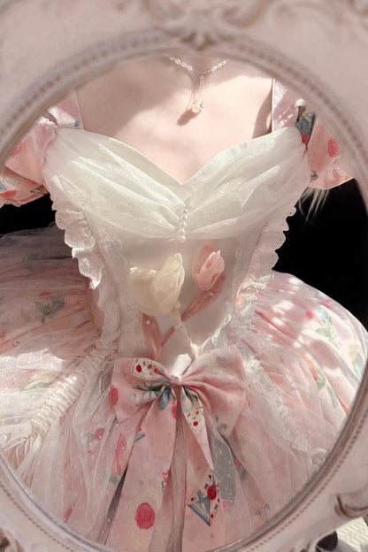 Sweet Lolita Dress - Tulip's Letter, Pink, Ruffled, Printed, Bow Detail - additional product view 5