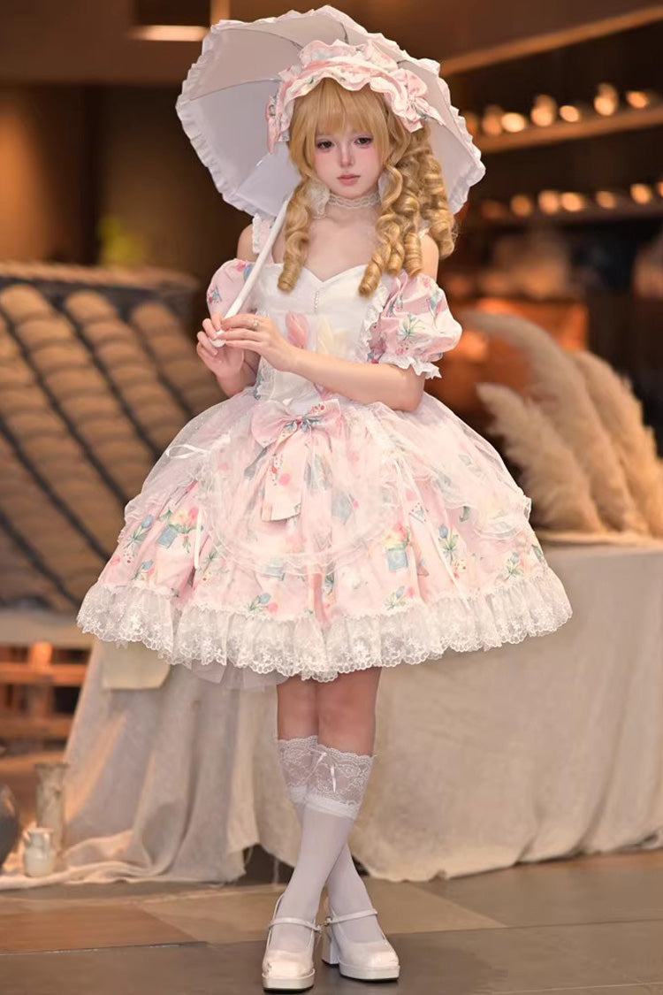 Sweet Lolita Dress - Tulip's Letter, Pink, Ruffled, Printed, Bow Detail - main product image