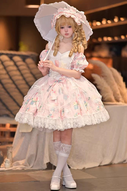 Sweet Lolita Dress - Tulip's Letter, Pink, Ruffled, Printed, Bow Detail - main product image