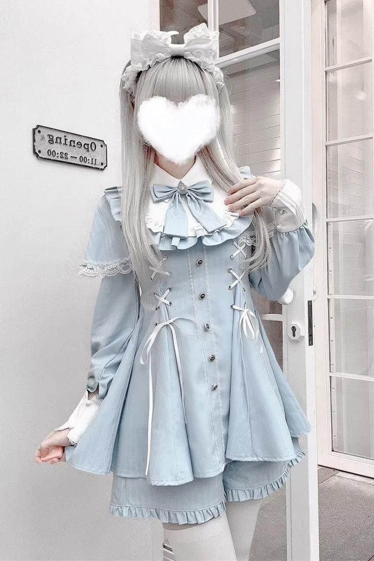 Sweet Lolita Dress - Twilight Reimi, 4 Colors, Plaid, Striped, Lace Trim - S Blue-Striped / M Blue-Striped / L Blue-Striped option