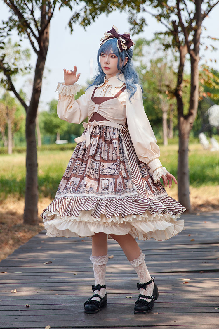 Sweet Lolita Dress - Underground Bear, Brown, Ruffled, Printed, Bow Detail - additional product view 2