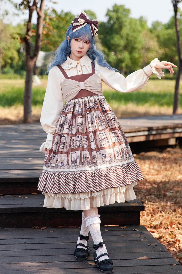 Sweet Lolita Dress - Underground Bear, Brown, Ruffled, Printed, Bow Detail - additional product view 3