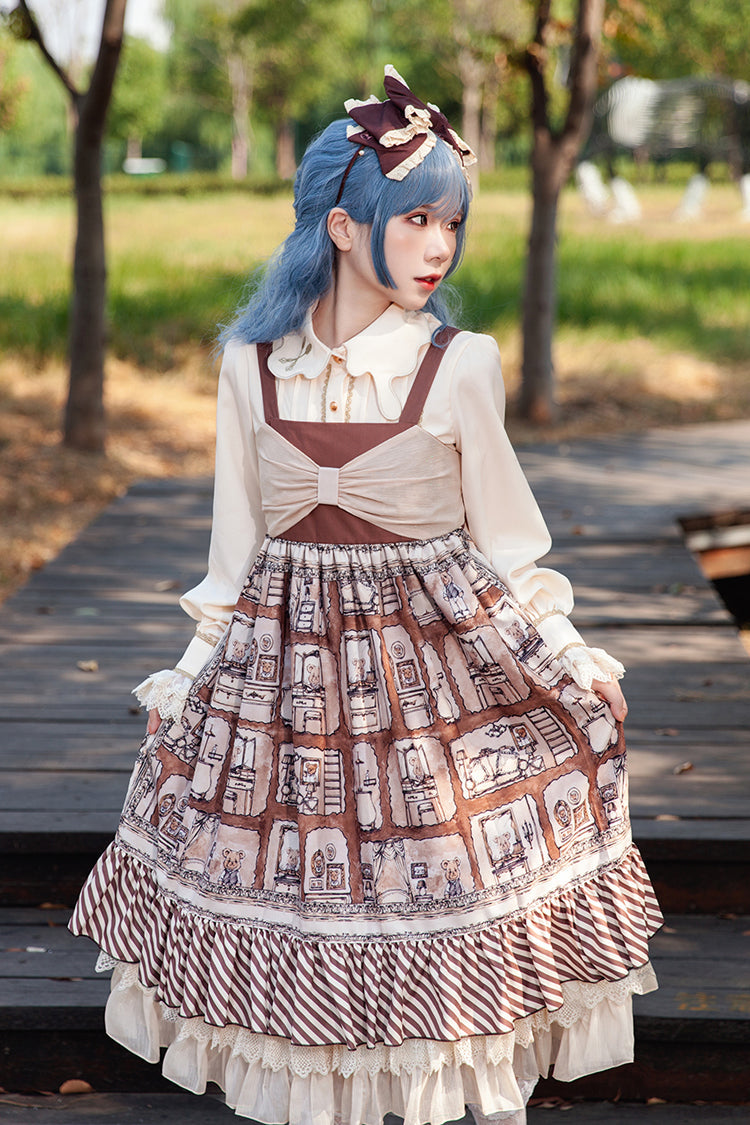 Sweet Lolita Dress - Underground Bear, Brown, Ruffled, Printed, Bow Detail - additional product view 4