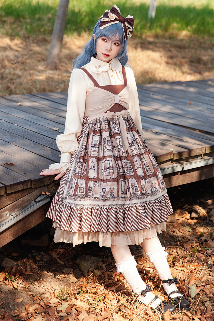 Sweet Lolita Dress - Underground Bear, Brown, Ruffled, Printed, Bow Detail - additional product view 5