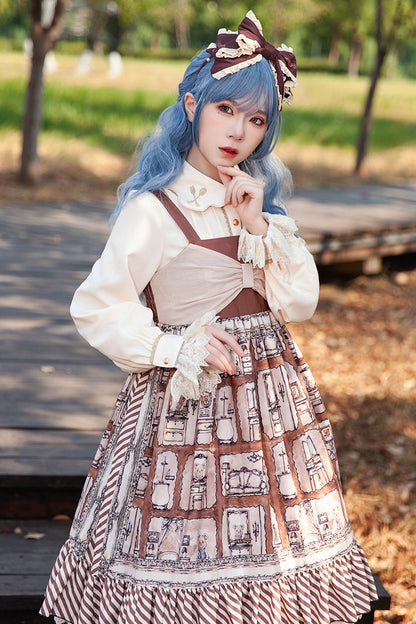 Sweet Lolita Dress - Underground Bear, Brown, Ruffled, Printed, Bow Detail - additional product view 6