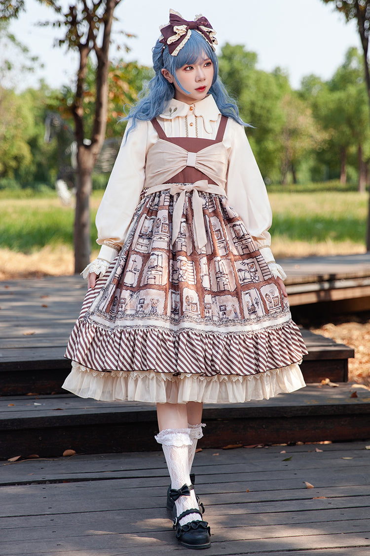 Sweet Lolita Dress - Underground Bear, Brown, Ruffled, Printed, Bow Detail - main product image