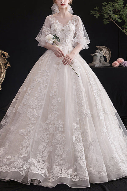 Sweet Lolita Dress - V Collar Lace Embroidered, White, High Waist, Lace Trim - main product image