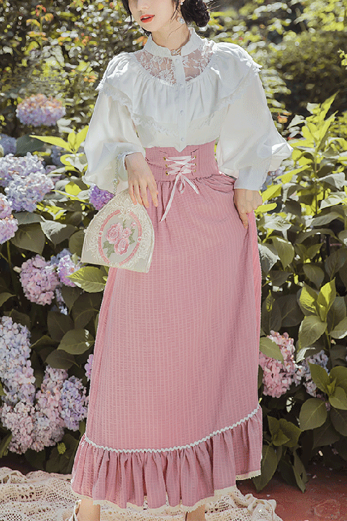 Sweet Lolita Dress - Vintage Palace Style, Pink, Striped, High Waist, Ruffled - main product image