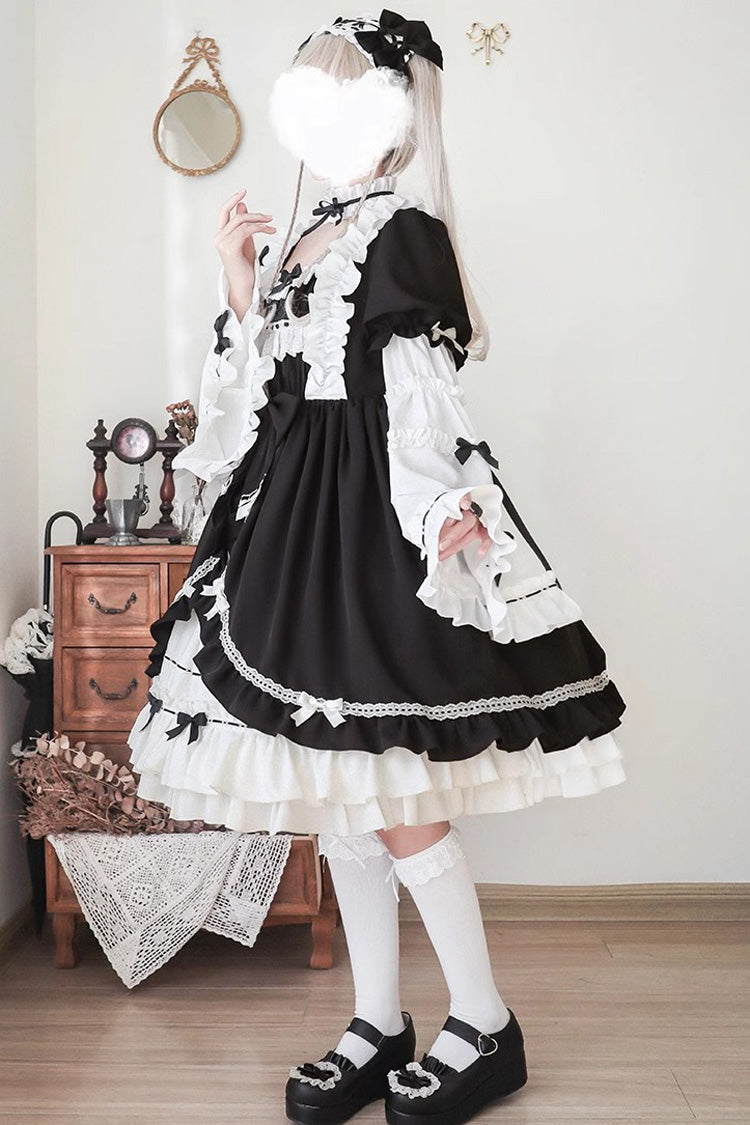 Sweet Lolita Dress - White/black, 2 Colors, Bow Detail, Long Sleeves, Gothic Style - additional product view 2
