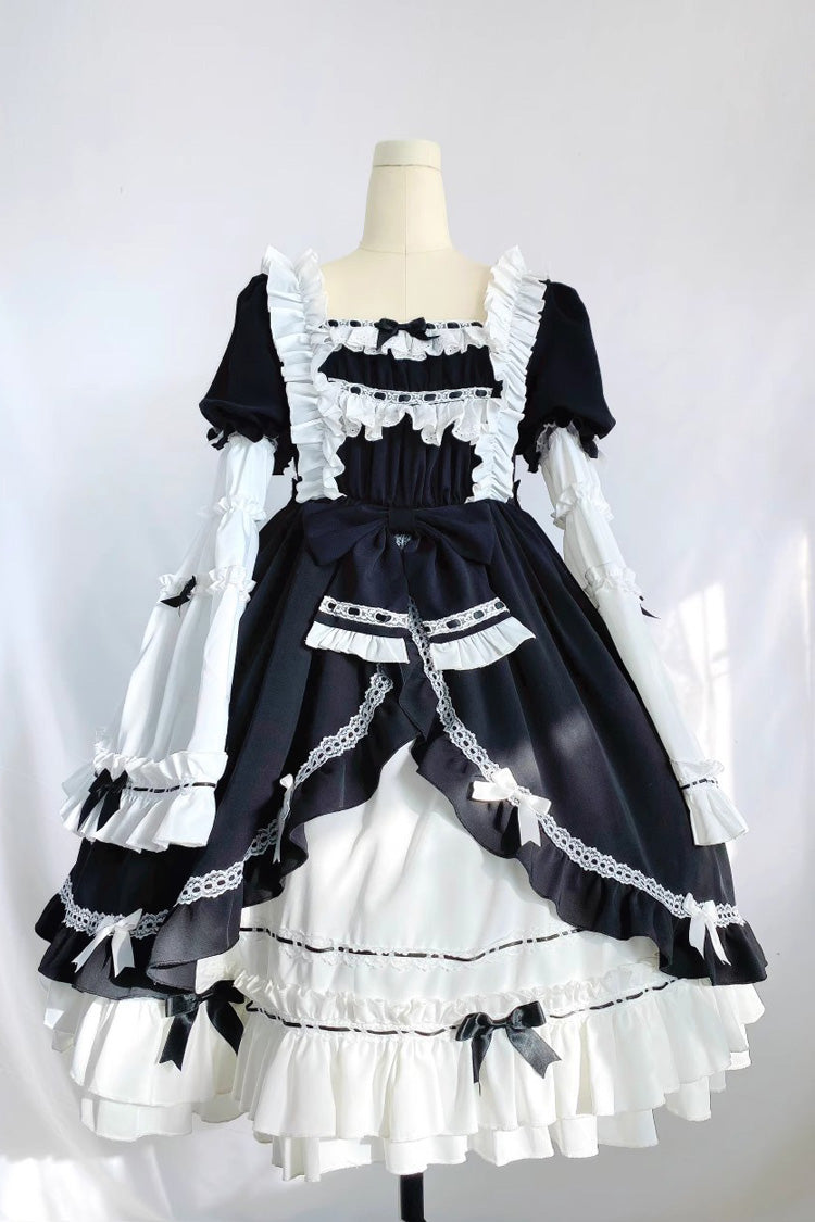 Sweet Lolita Dress - White/black, 2 Colors, Bow Detail, Long Sleeves, Gothic Style - additional product view 3