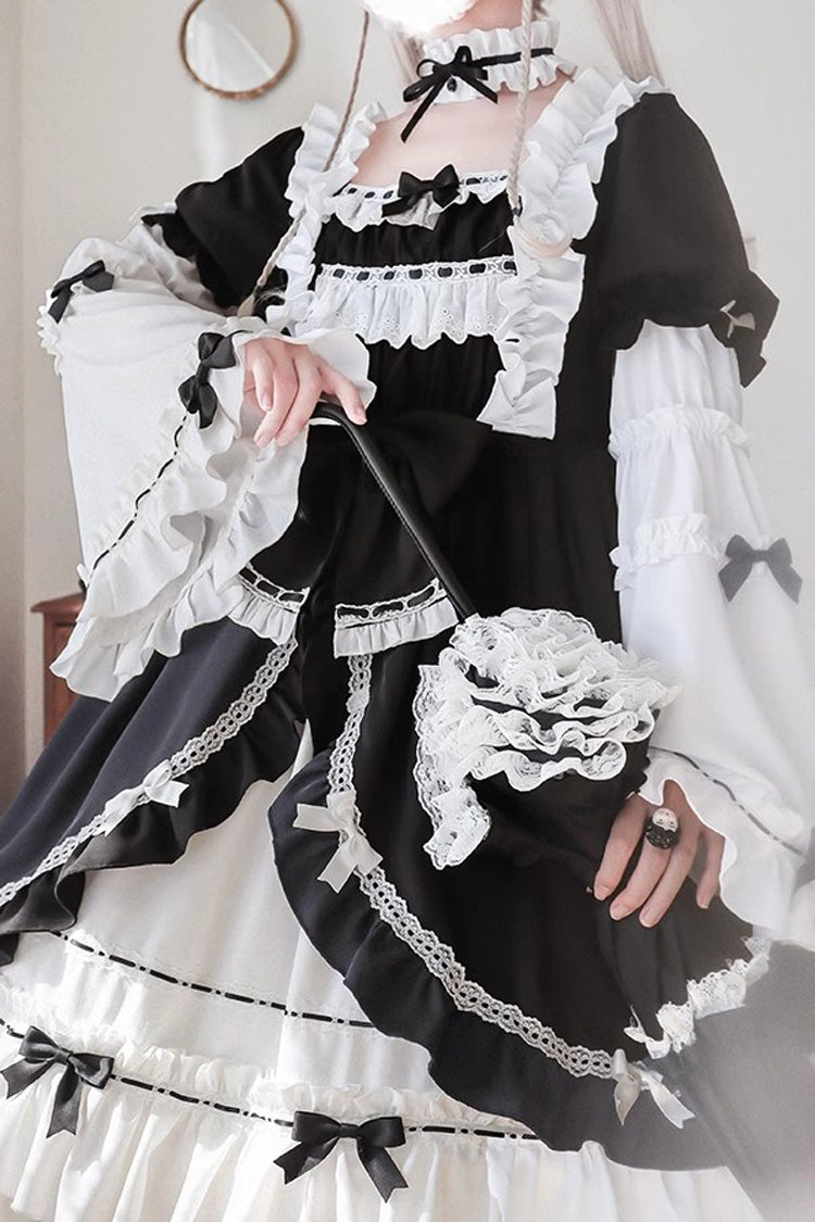 Sweet Lolita Dress - White/black, 2 Colors, Bow Detail, Long Sleeves, Gothic Style - additional product view 4