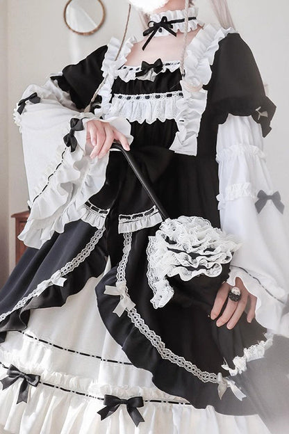 Sweet Lolita Dress - White/black, 2 Colors, Bow Detail, Long Sleeves, Gothic Style - additional product view 4
