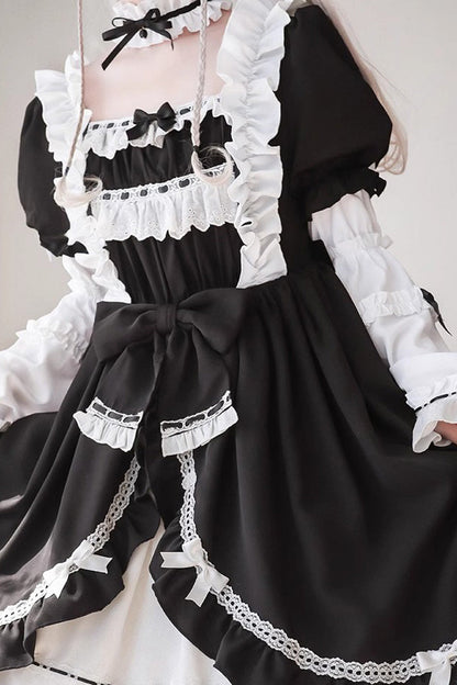 Sweet Lolita Dress - White/black, 2 Colors, Bow Detail, Long Sleeves, Gothic Style - additional product view 5