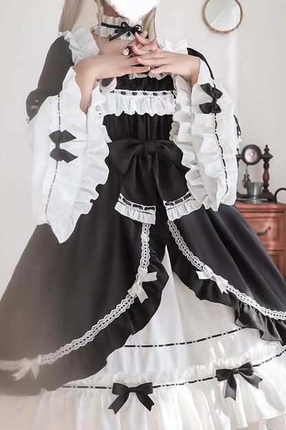 Sweet Lolita Dress - White/black, 2 Colors, Bow Detail, Long Sleeves, Gothic Style - additional product view 6