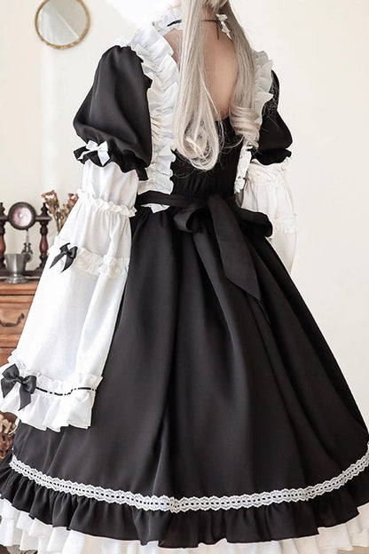 Sweet Lolita Dress - White/black, 2 Colors, Bow Detail, Long Sleeves, Gothic Style - additional product view 7