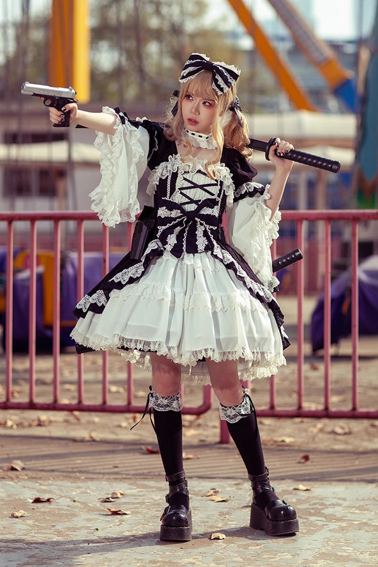 Sweet Lolita Dress - White/black, 2 Colors, Bow Detail - Tea Party Dress - additional product view 5