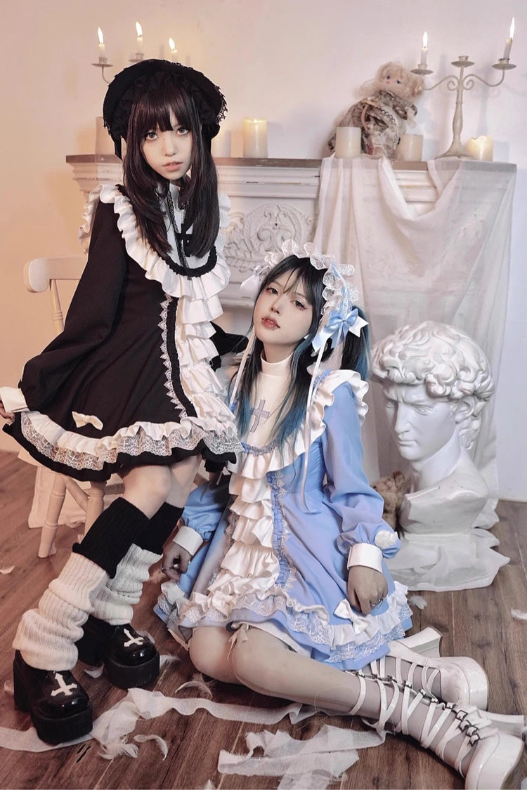 Sweet Lolita Dress - White/black, 2 Colors, Printed, Cross Detail, Long Sleeves - additional product view 2
