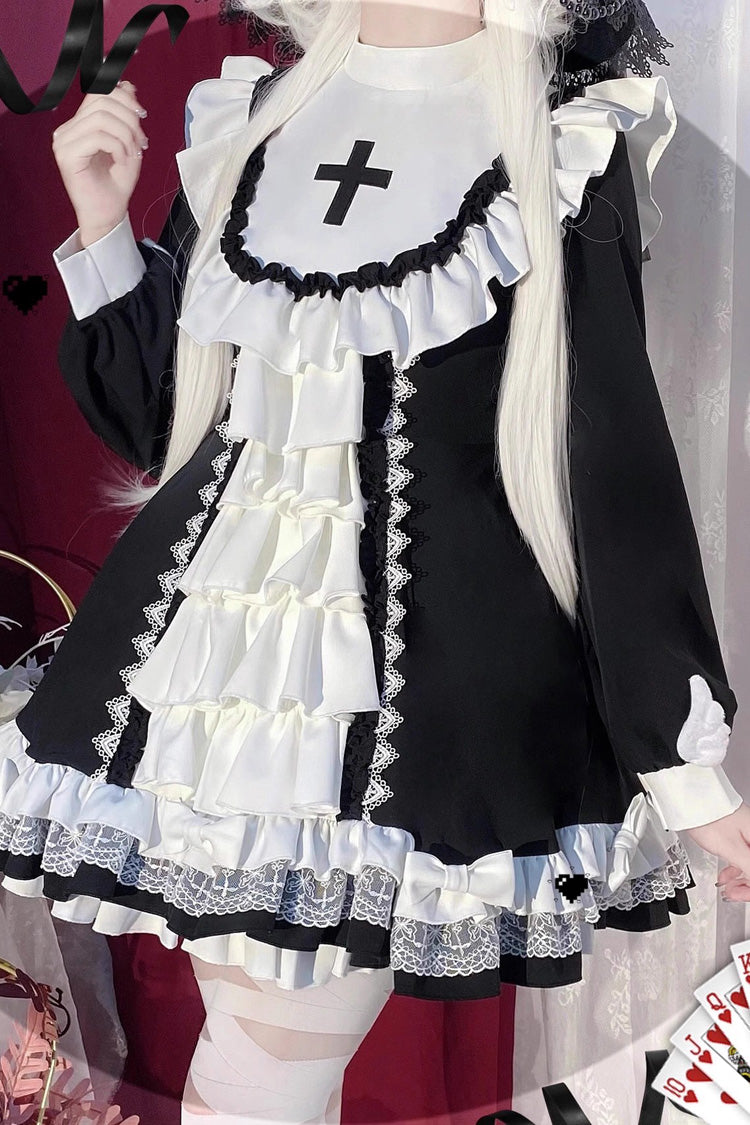 Sweet Lolita Dress - White/black, 2 Colors, Printed, Cross Detail, Long Sleeves - additional product view 3