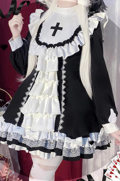 Sweet Lolita Dress - White/black, 2 Colors, Printed, Cross Detail, Long Sleeves - additional product view 3