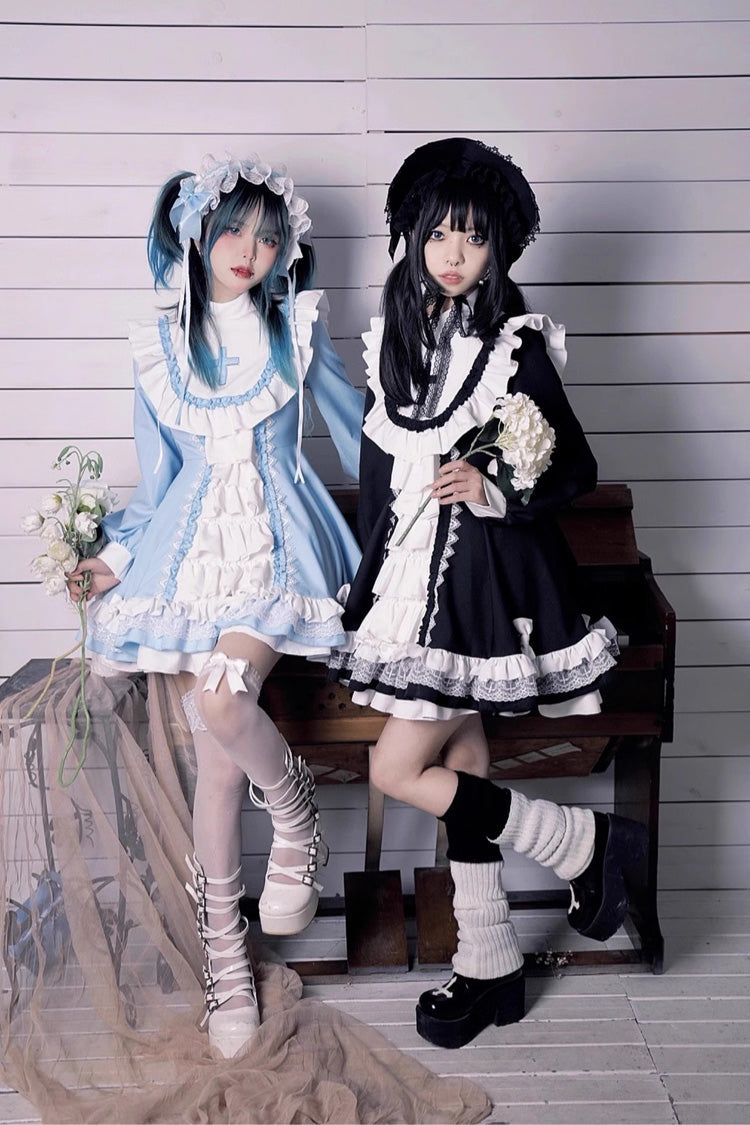 Sweet Lolita Dress - White/black, 2 Colors, Printed, Cross Detail, Long Sleeves - additional product view 4