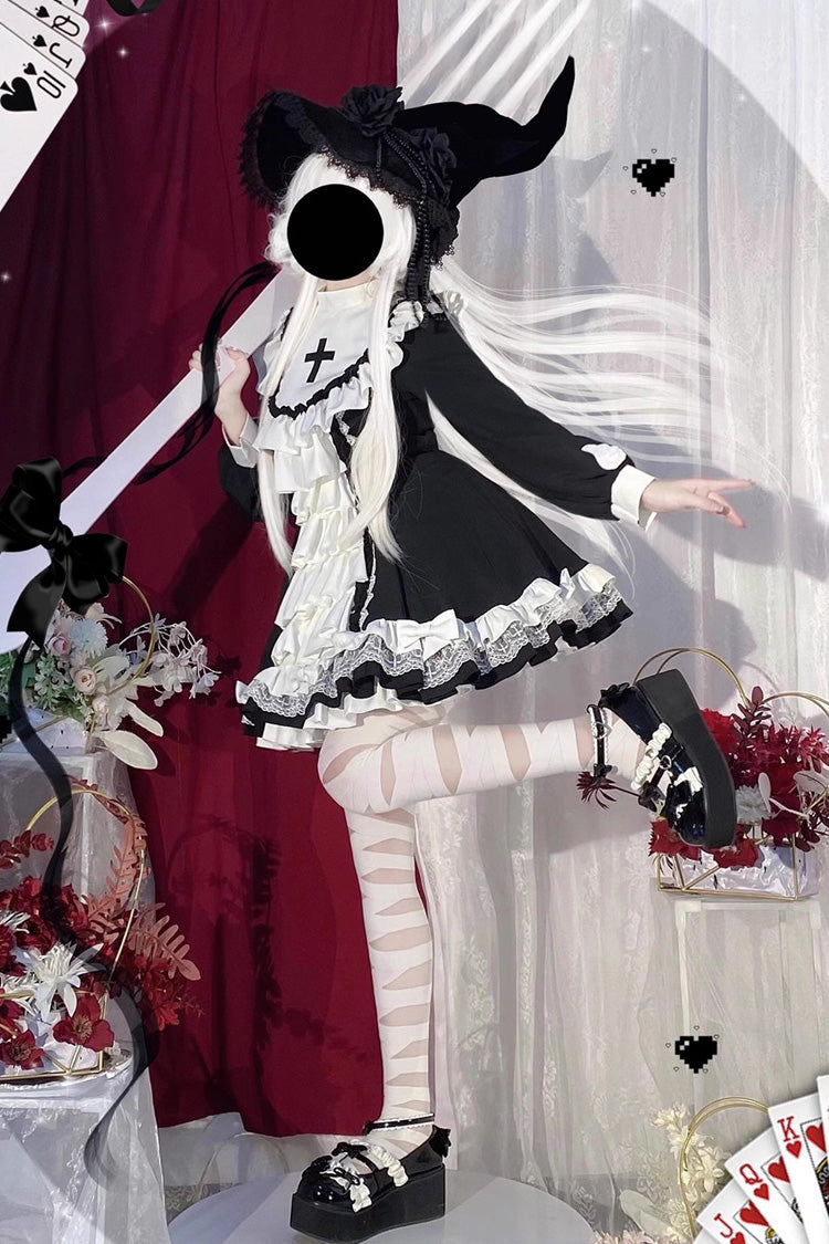 Sweet Lolita Dress - White/black, 2 Colors, Printed, Cross Detail, Long Sleeves - additional product view 8