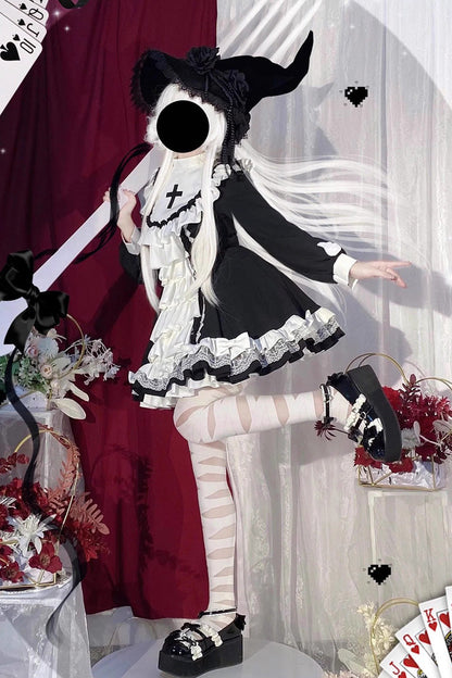 Sweet Lolita Dress - White/black, 2 Colors, Printed, Cross Detail, Long Sleeves - additional product view 8