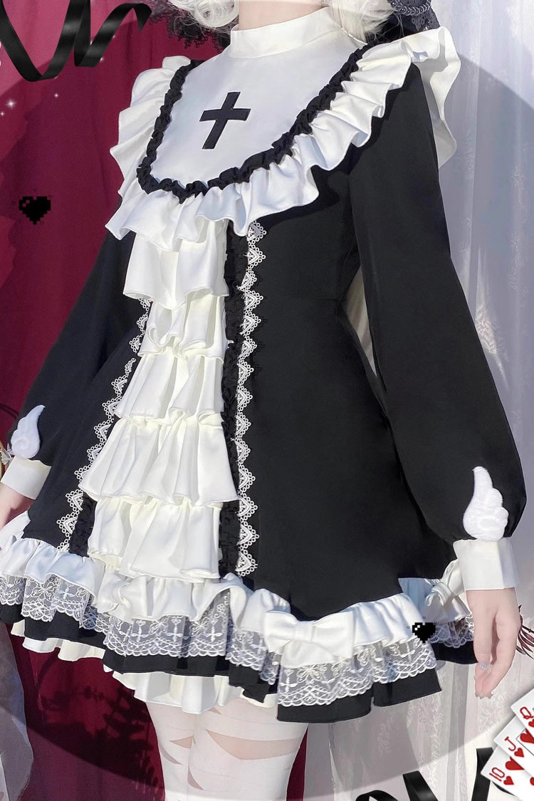 Sweet Lolita Dress - White/black, 2 Colors, Printed, Cross Detail, Long Sleeves - additional product view 9