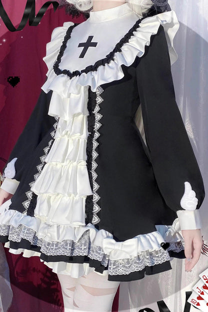 Sweet Lolita Dress - White/black, 2 Colors, Printed, Cross Detail, Long Sleeves - additional product view 9