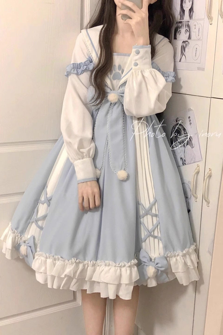 Sweet Lolita Dress - White/blue Navy Collar, 2 Colors, Printed, Long Sleeves, Bow Detail - additional product view 2
