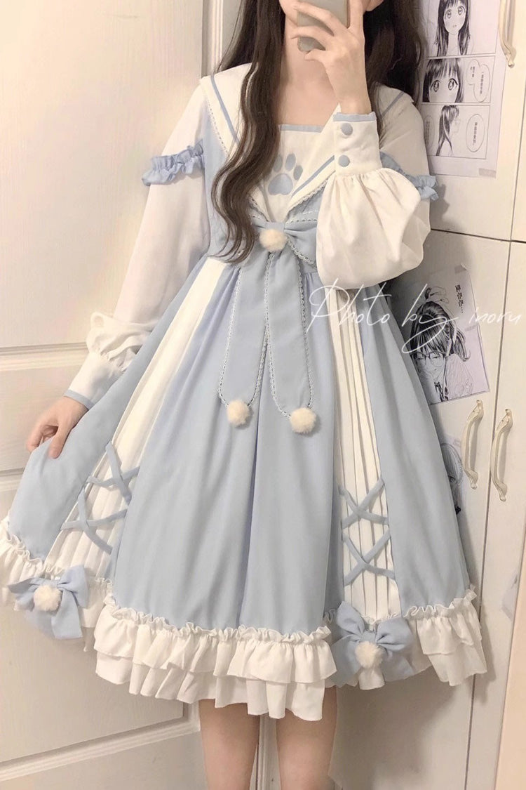 Sweet Lolita Dress - White/blue Navy Collar, 2 Colors, Printed, Long Sleeves, Bow Detail - additional product view 3