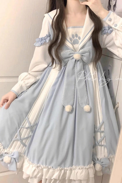 Sweet Lolita Dress - White/blue Navy Collar, 2 Colors, Printed, Long Sleeves, Bow Detail - additional product view 4