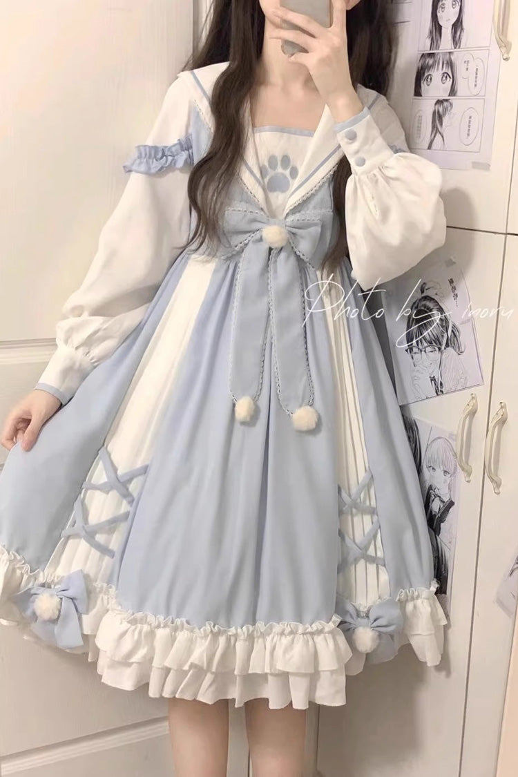 Sweet Lolita Dress - White/blue Navy Collar, 2 Colors, Printed, Long Sleeves, Bow Detail - main product image