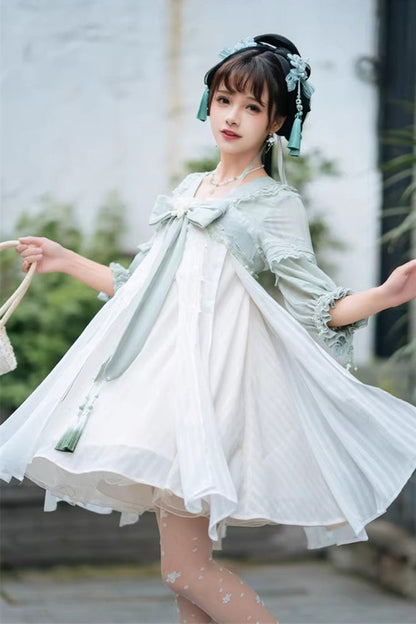 Sweet Lolita Dress - White/green Half Sleeves, 2 Colors, Bow Detail, Ruffled - additional product view 2