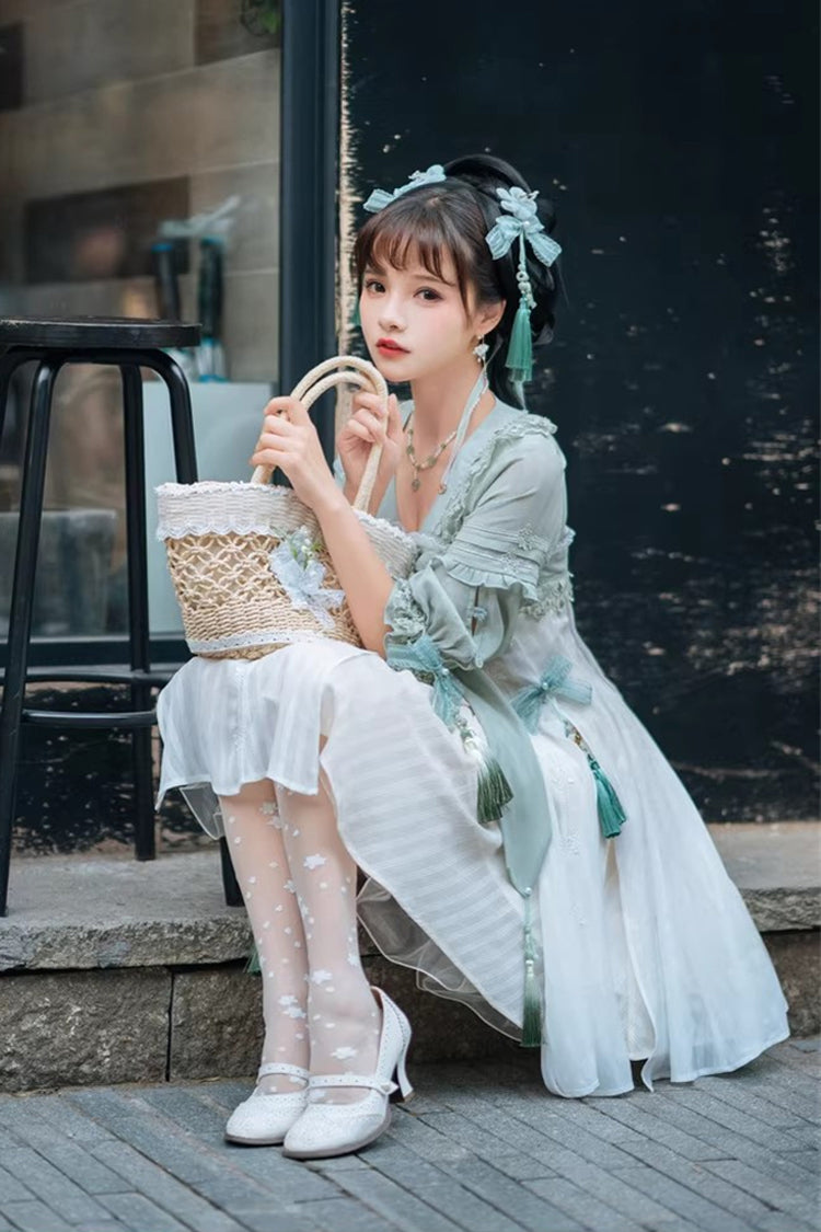 Sweet Lolita Dress - White/green Half Sleeves, 2 Colors, Bow Detail, Ruffled - additional product view 3