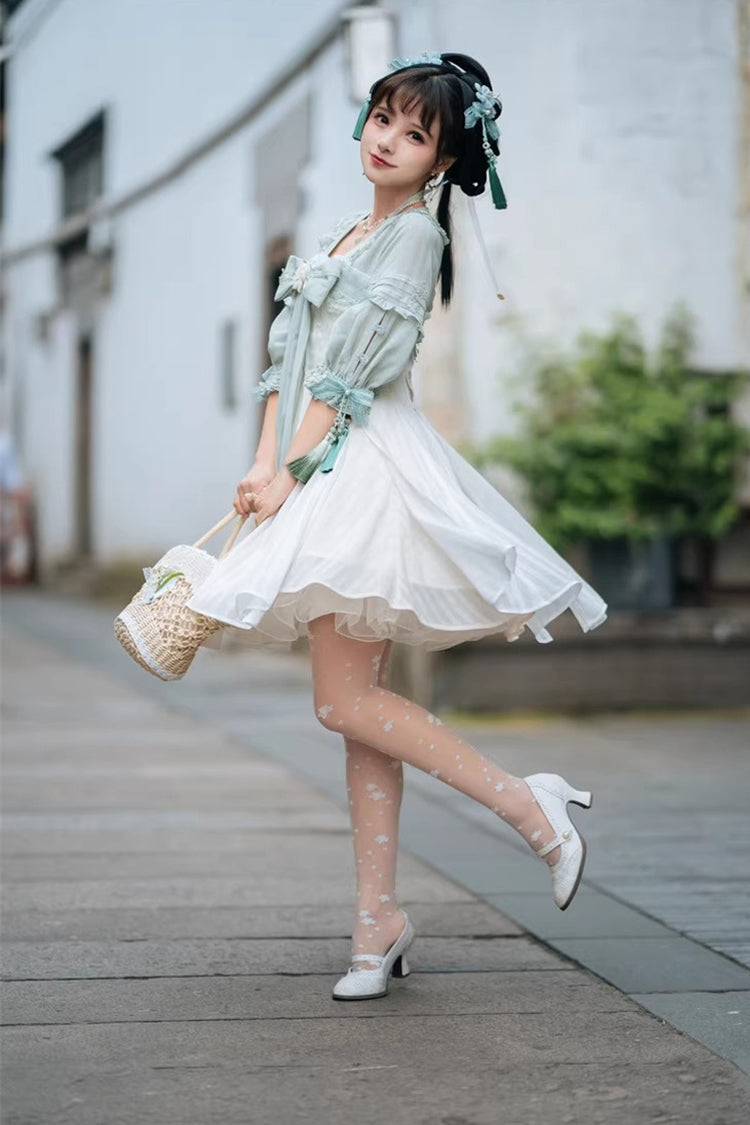 Sweet Lolita Dress - White/green Half Sleeves, 2 Colors, Bow Detail, Ruffled - additional product view 4