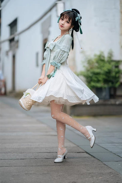 Sweet Lolita Dress - White/green Half Sleeves, 2 Colors, Bow Detail, Ruffled - additional product view 4