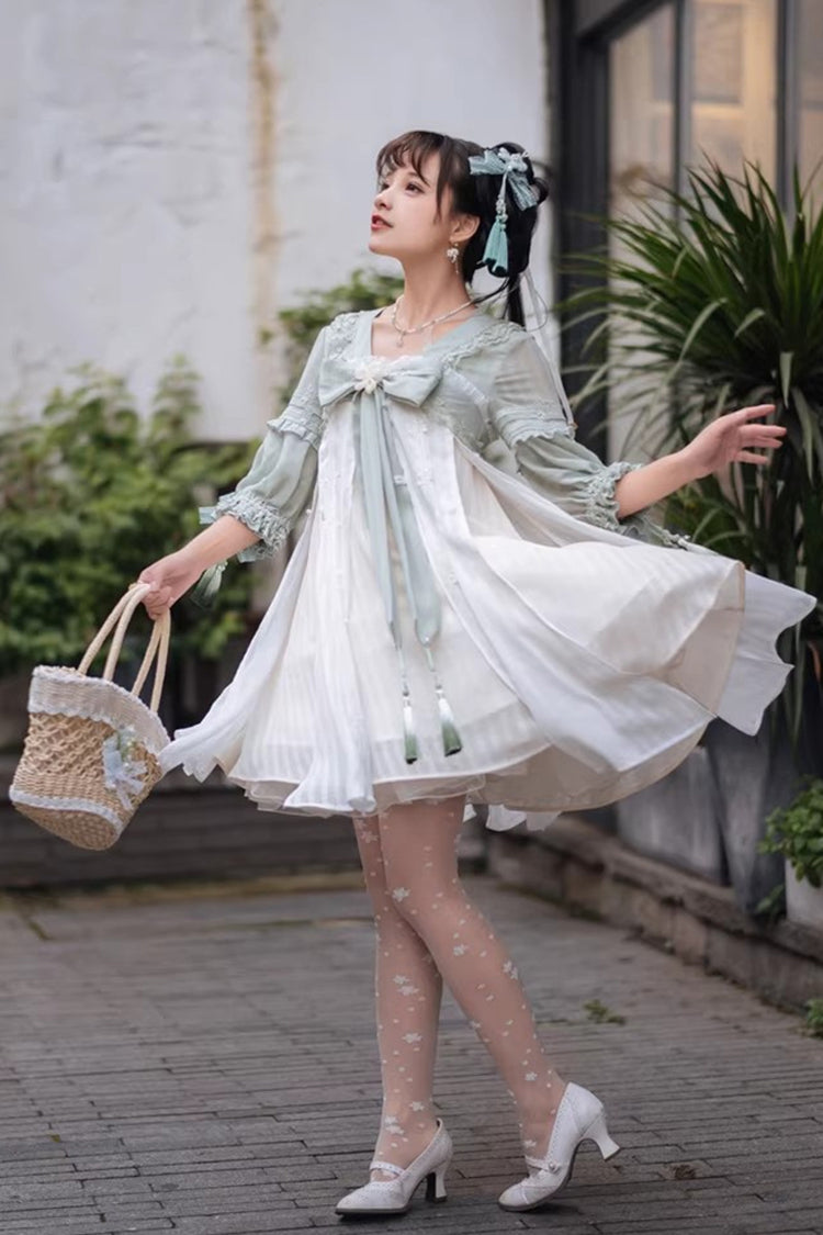 Sweet Lolita Dress - White/green Half Sleeves, 2 Colors, Bow Detail, Ruffled - additional product view 5