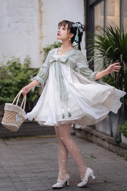Sweet Lolita Dress - White/green Half Sleeves, 2 Colors, Bow Detail, Ruffled - additional product view 5