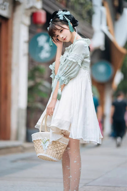 Sweet Lolita Dress - White/green Half Sleeves, 2 Colors, Bow Detail, Ruffled - additional product view 6