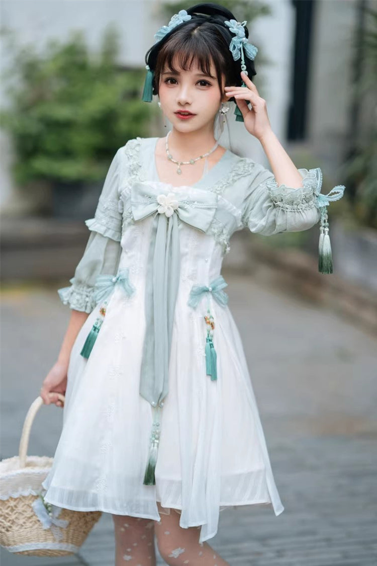 Sweet Lolita Dress - White/green Half Sleeves, 2 Colors, Bow Detail, Ruffled - additional product view 7
