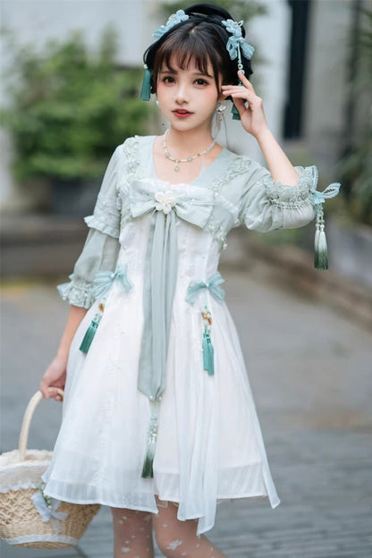 Sweet Lolita Dress - White/green Half Sleeves, 2 Colors, Bow Detail, Ruffled - additional product view 7