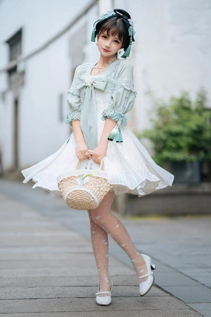 Sweet Lolita Dress - White/green Half Sleeves, 2 Colors, Bow Detail, Ruffled - additional product view 8