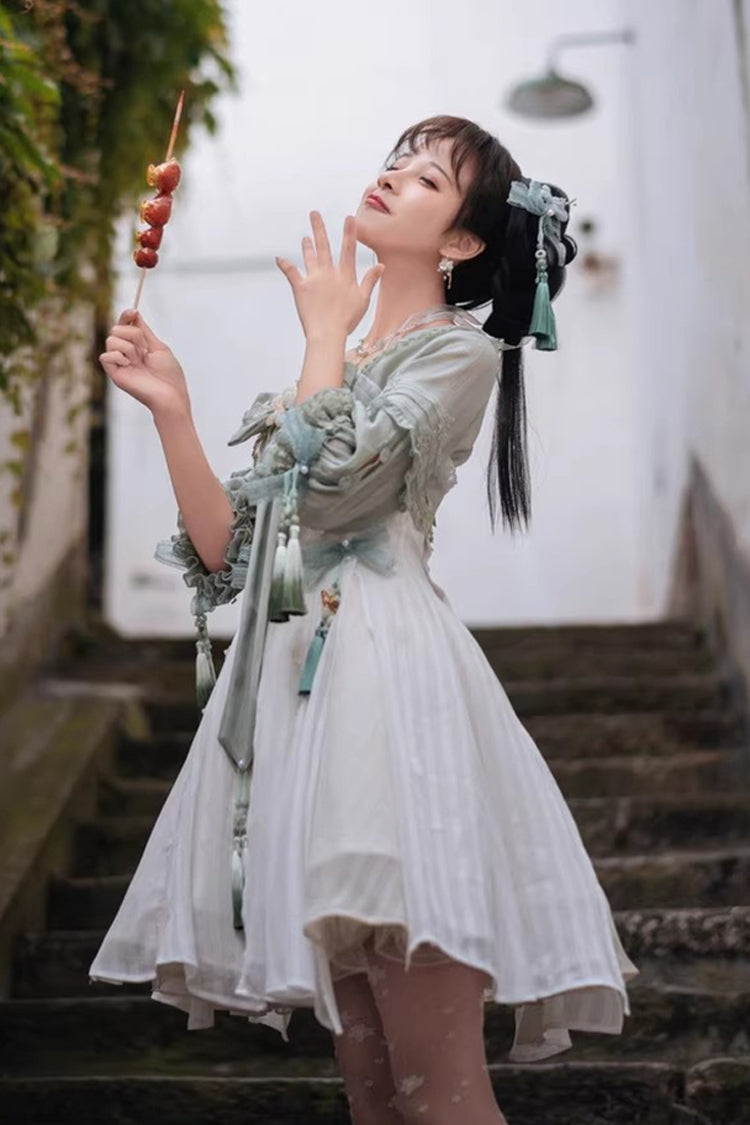 Sweet Lolita Dress - White/green Half Sleeves, 2 Colors, Bow Detail, Ruffled - additional product view 9