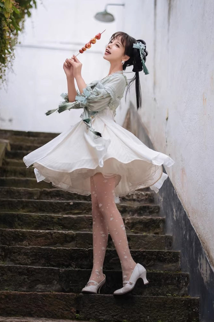 Sweet Lolita Dress - White/green Half Sleeves, 2 Colors, Bow Detail, Ruffled - additional product view 10
