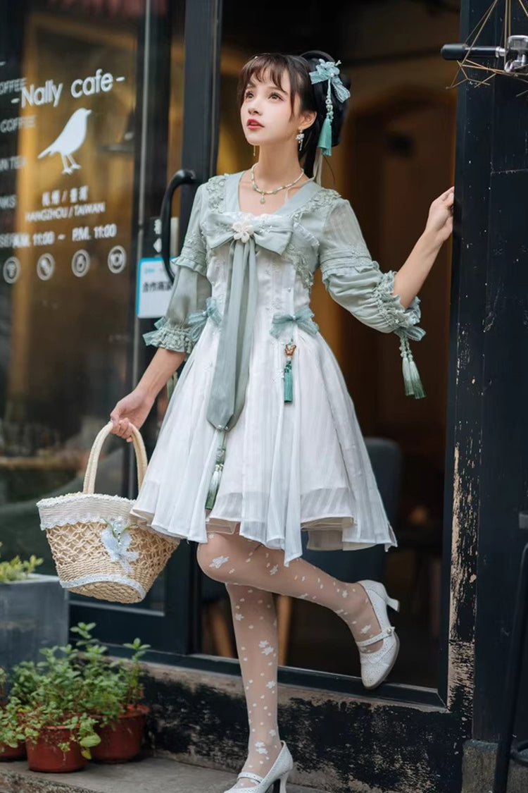 Sweet Lolita Dress - White/green Half Sleeves, 2 Colors, Bow Detail, Ruffled - additional product view 11