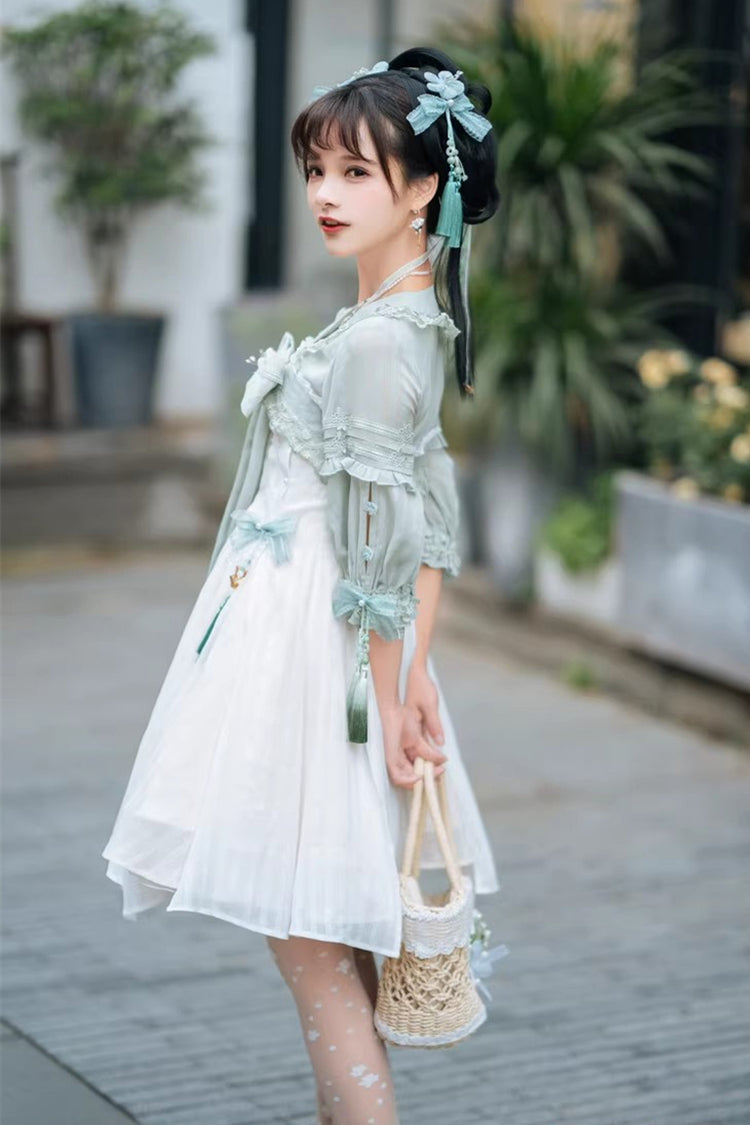 Sweet Lolita Dress - White/green Half Sleeves, 2 Colors, Bow Detail, Ruffled - additional product view 12